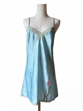 Victoria's Secret Light Blue Satin Slip with Cream Lace & Pink Bow